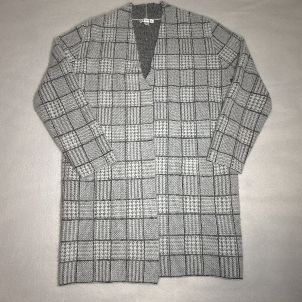 Passports Grey Plaid Houndstooth Longline Open Front Cardigan Sweater XL